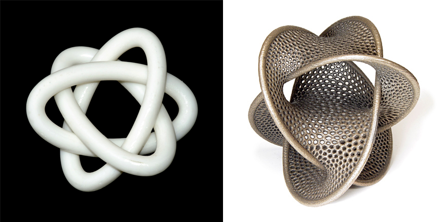 Borromean rings made with SLA and DMLS 3D printing technologies. Source: Adafruit, Geekhaus
