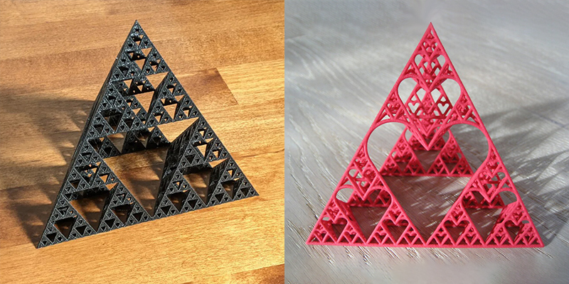 SLS 3D printed and dyed nylon Sierpinski tetrahedron models. Source: Printables.com