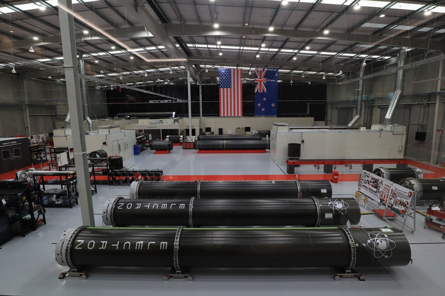 Electron rockets being assembled at the Rocket Lab production facility in New Zealand. Photo via Rocket Lab.