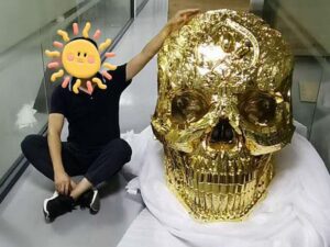 SLA 3D Printed and Vacuum Plated Giant Golden Skull Model