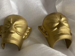 SLA and SLS 3D Printed Sanxingdui Bronze Head with Gold Foil Mask Replica