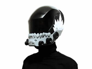 SLA 3D Printed Resin Helmet with Clear Black Face Guard for a Fashion Designer