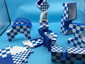 SLA 3D Printed Artwork with Blue and White Checkerboard Pattern