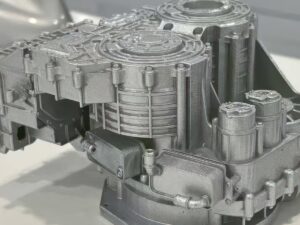 SLA 3D Printed and Silver-Finished Automotive Transmission Housing Model