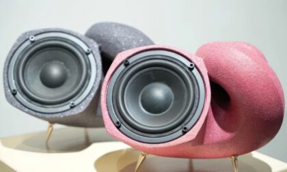 Binder Jet Sand 3D Printed Pink and Silver Snail-Shell Speakers