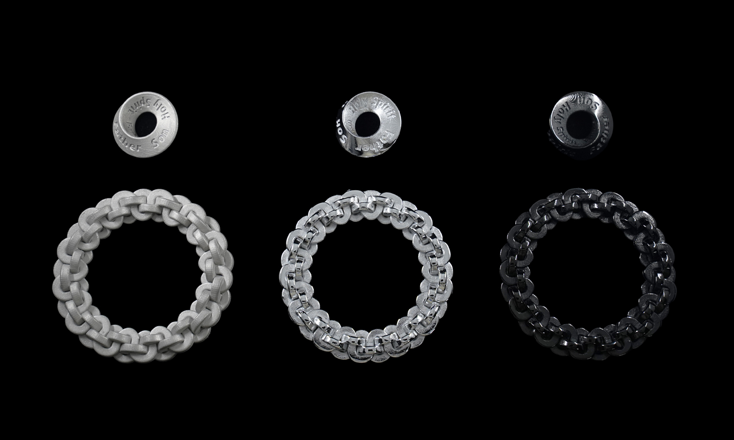 Binder Jet 3D printed ss 316L chain circles with different surface effects – the raw finish, electroplated silver, and PVD-plated black. Source: FacFox